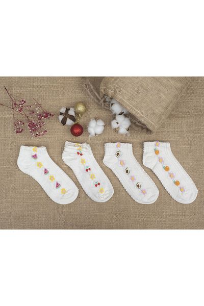 Mudizone 4 Pairs Short Ankle Fruity Embossed Patterned Women's Socks