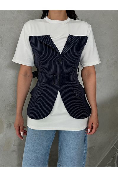 Laluvia Marineblau-weiß gestreifte Bluse mit Gürteldetail