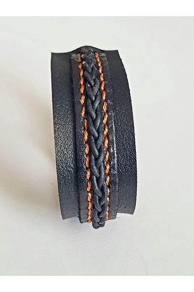 aysefe Genuine Leather Stitching and Knitting Detailed Belted Bracelet