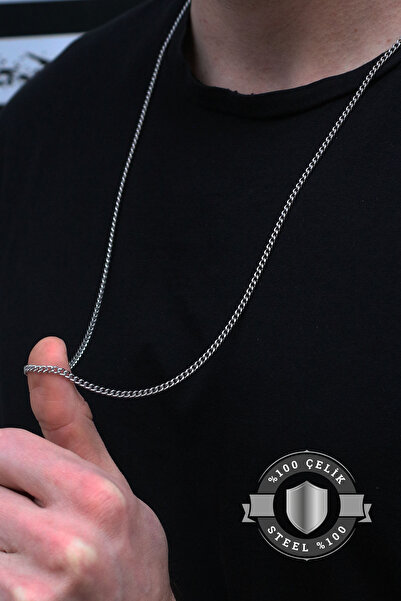 Dukkanka Uzun İnce Traşlı Kararmaz Gümüş Renk %100 Paslanmaz Erkek Çelik Kolye