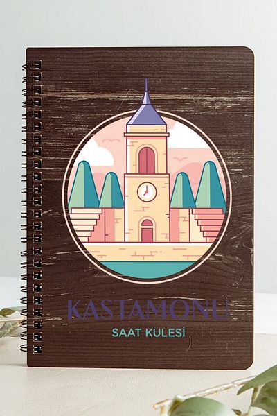 SaltanArt Kastamonu Clock Tower City Design Ξύλινο Εξώφυλλο Σημειωματάριο Kraft Χαρτί Ειδικού Σχεδιασμού Δώρο