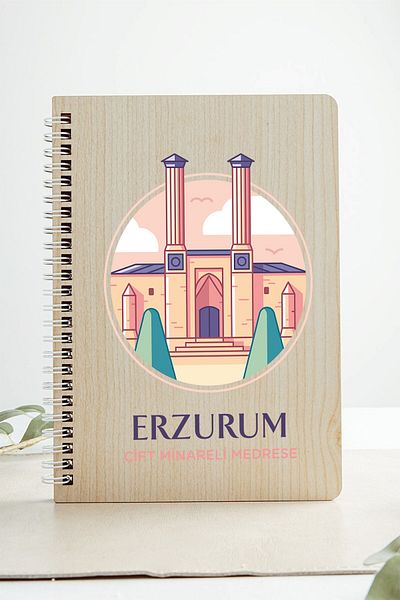 SaltanArt Erzurum Double Mineral Medrese City Design غطاء خشبي دفتر كرافت ورق تصميم خاص هدية