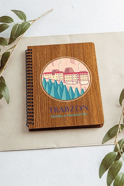 SaltanArt Trabzon Sümela Monastery City Design Ξύλινο Εξώφυλλο Σημειωματάριο Kraft Χαρτί Ειδικού Σχεδιασμού Δώρο