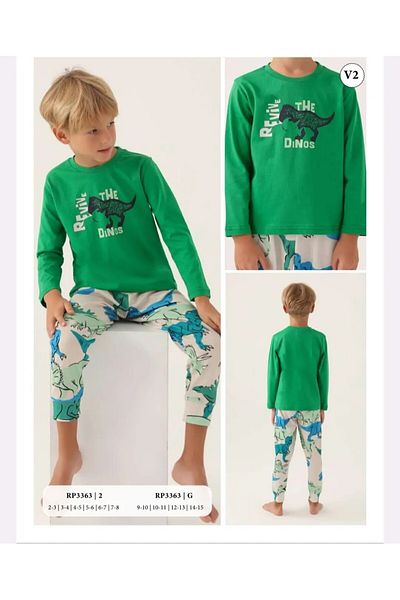 Rolypoly BOY'S Dinosaur Patterned Apple Green Long Sleeve Pajama Set