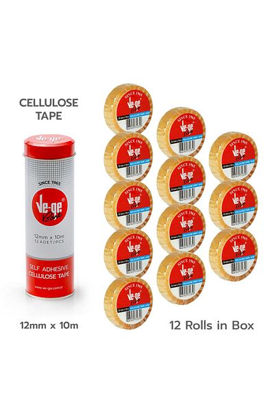 Ve-ge Vege 12x10 mt Cellophones Tape (Cellulose Tape) 12 Pieces in Metal Tin