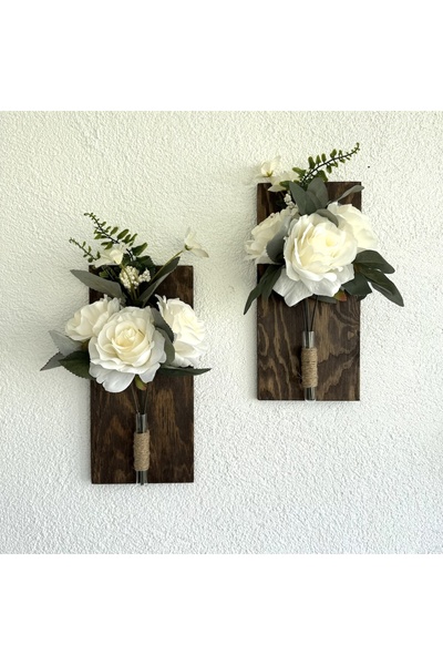 STDEKOR Beyaz Gül Çiçekli Duvar Dekoru Ceviz İkili Set 30x14cm