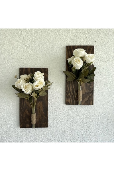 STDEKOR Beyaz Gül Çiçekli Duvar Dekoru Ceviz İkili Set 30x14cm
