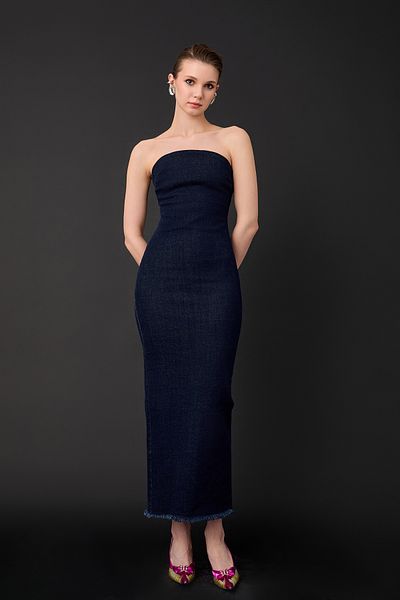 Quzu Strapless Detailed Denim Long Dress Blue