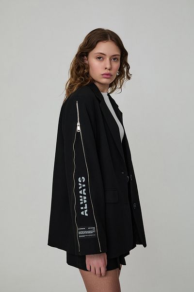 Quzu Lining Patterned Sleeve Zipper Detailed Blazer Jacket Black