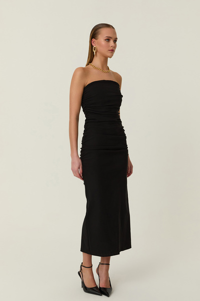 Quzu Gather Detailed Strapless Midi Dress Black