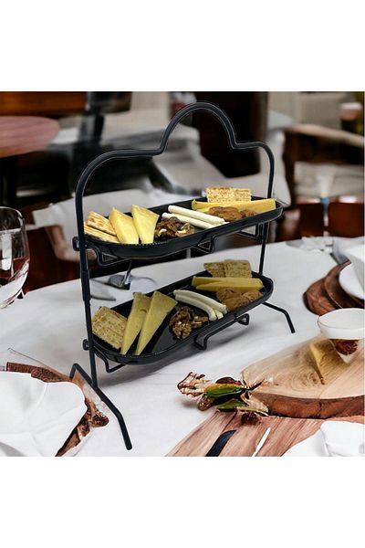 decorelax 2 Tiers Black Melamine 13x32cm Metal Presentation Stand – for Catering and Serving Model 1 Black