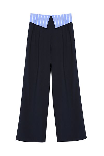 Quzu Waist Detailed Wide Leg Fabric Trousers Navy Blue