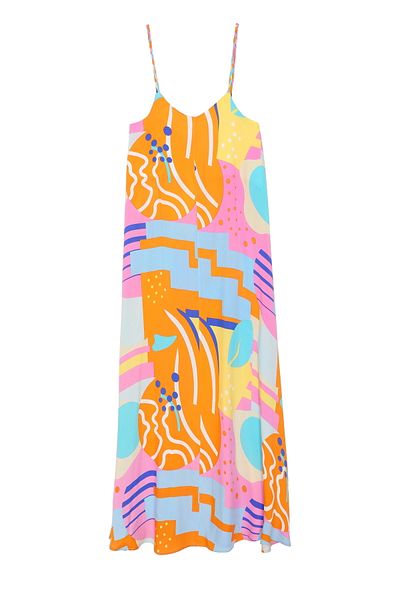 Quzu Colorful Patterned Strappy Long Dress Orange