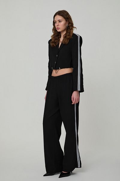 Quzu Stripe Detailed Drawstring Waist Trousers Black
