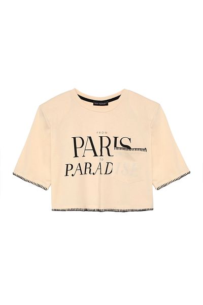 Quzu Pocket Detailed Crop T-Shirt Beige