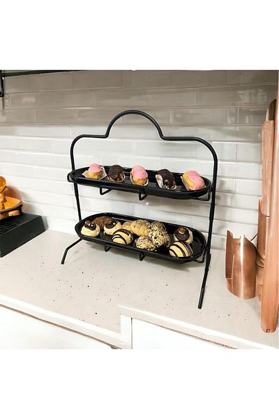 decorelax 2 Tiers Black Melamine 13x32cm Metal Presentation Stand – for Catering and Serving Model 1 Black