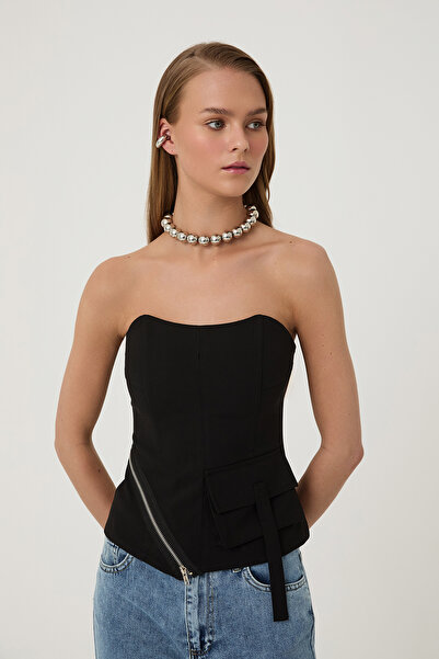 Quzu Fermuar Detaylı Straplez Bluz Siyah
