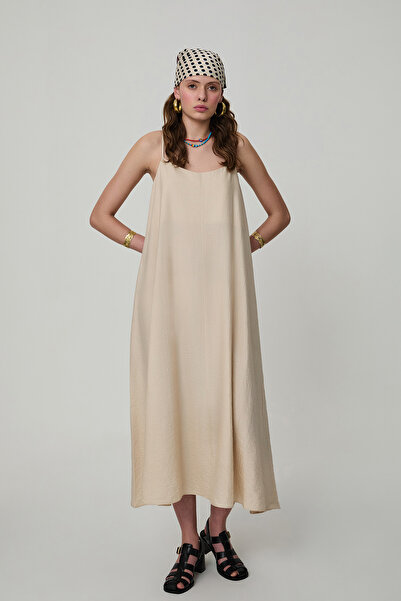 Quzu İnce Askılı Uzun Elbise Taş