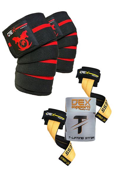 Dex Supports Lasting Energy Lifting Straps T-Grips + Knee Wraps Sports Knee Pad Set of 2