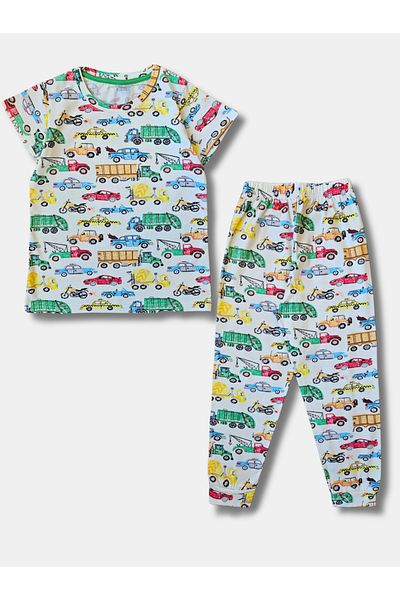 Perakids Set de pijamale pentru băiat cu mânecă scurtă, 100% bumbac, cu model de mașină