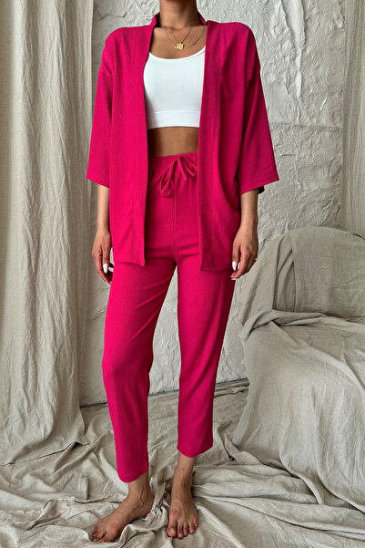 MODAGEN Kadın Fuşya Pembe Kimono Alt Üst Havuç Pantolon Takım