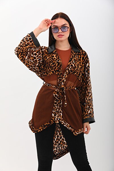 marecaldo Yazlık Kadın Giyim Modası Avangart Kimono Modeli Leopardo Kahve Desen