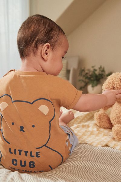 Next Baby Brown Teddy Bear Patterned Cotton Shorts Set - Short Sleeve