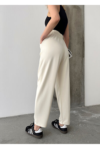 schlank Kadın Ekru Modal Karışımlı Kumaş Belden Lastikli Cepli Çımalı Şalvar Pantolon