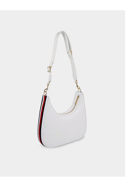 Tommy Hilfiger Women's Leather Brand Logo Zippered Daily Use White Shoulder Bag AW0AW16088-YBL