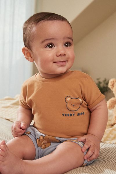 Next Baby Brown Teddy Bear Patterned Cotton Shorts Set - Short Sleeve