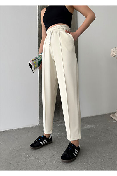 schlank Kadın Ekru Modal Karışımlı Kumaş Belden Lastikli Cepli Çımalı Şalvar Pantolon