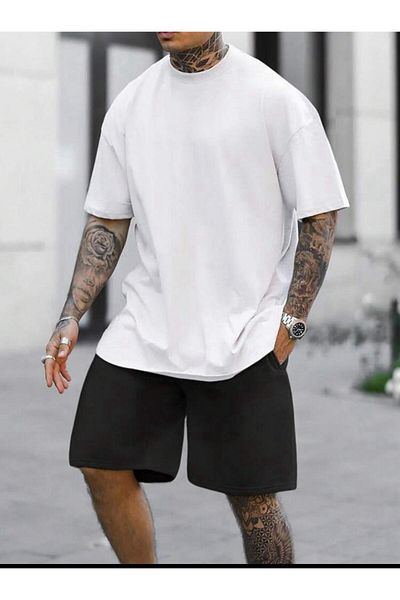 SELENA BUTİK Unisex απλό λευκό μπλουζάκι μαύρο σορτς κάτω επάνω κοστούμι