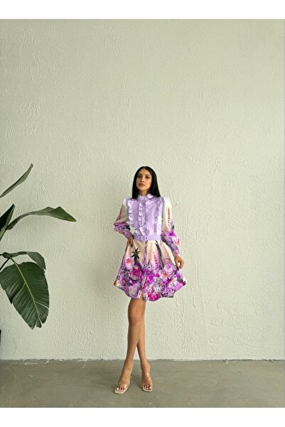 WellWay Rochie scurtă din țesătură Atlas (CUREA INCLUSĂ) Liliac-2415