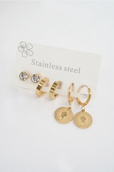 By Zeyna Aksesuar Women's 316 L Stainless Steel Anti-Tarnish 6-Piece Earrings Set