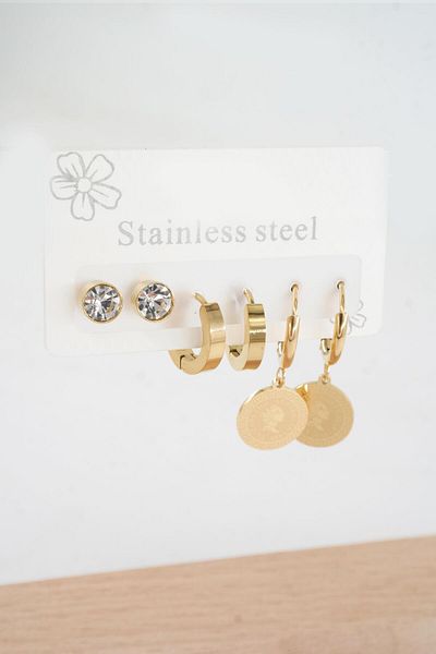 By Zeyna Aksesuar Women's 316 L Stainless Steel Anti-Tarnish 6-Piece Earrings Set