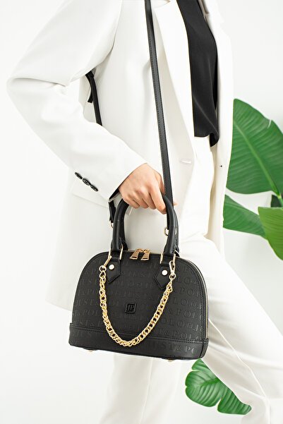 Just Polo حقيبة يد وكتف نسائية منقوشة باللون الأسود مع سلسلة قابلة للإزالة - ...