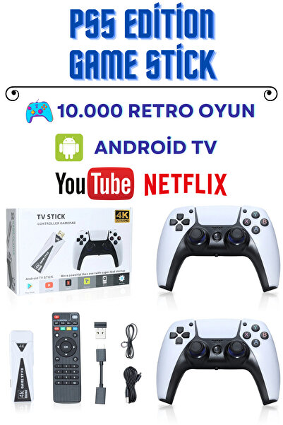 L'eDoren 4k Android TV Wifi Kablosuz Çift Kol Retro Oyunlar Game Stick 64gb Hafıza 10000 Oyun Atari