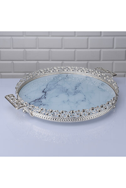 Hinora نمط الرخام صينية كبيرة مستديرة مقبض معدني حامل القهوة صينية الشوكولاتة 35 سنتيمتر