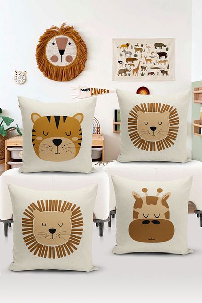 Bertille Home Child Baby Double Sided Digital Printed 4-Piece Throw Pillow Case Set (Kids Children Cushion Cover)