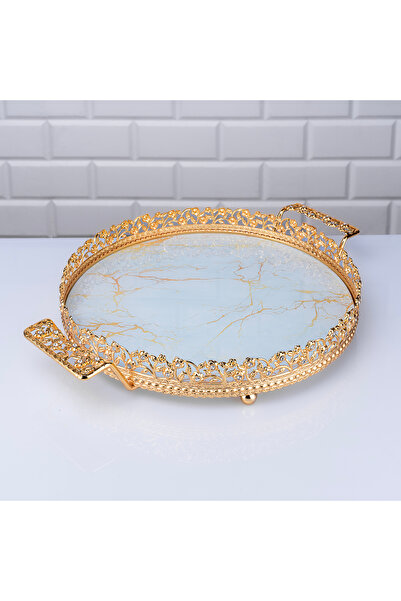 Hinora نمط الرخام صينية متوسطة مستديرة مقبض معدني حامل القهوة صينية الشوكولاتة 30 سنتيمتر