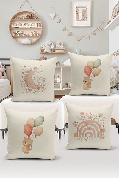Bertille Home Child Baby Double Sided Digital Printed 4-Piece Throw Pillow Case Set (Kids Children Cushion Cover)