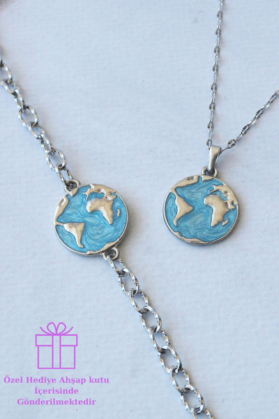 Dukkanka 2'li Çelik Dünya Kolye ve Bileklik Seti