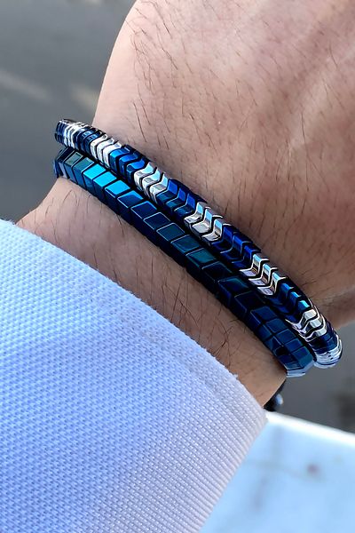 TAKIPORT Set of 2 Blue Silver Fish Back Adjustable Men's Bracelets