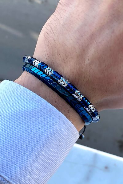 TAKIPORT Set of 2 Blue Silver Fish Back Adjustable Men's Bracelets