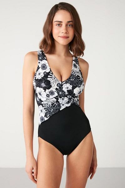 Kom V-Neck Covered Rectasi Flower Patterned Double Breasted Collector Swimsuit