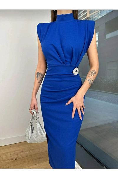 vuvutasarım NOUL SEZON ALBASTRU ELASTIC BROȘĂ DETALIU VATKALI ROCHIE MĂRIME MIDI 743582934