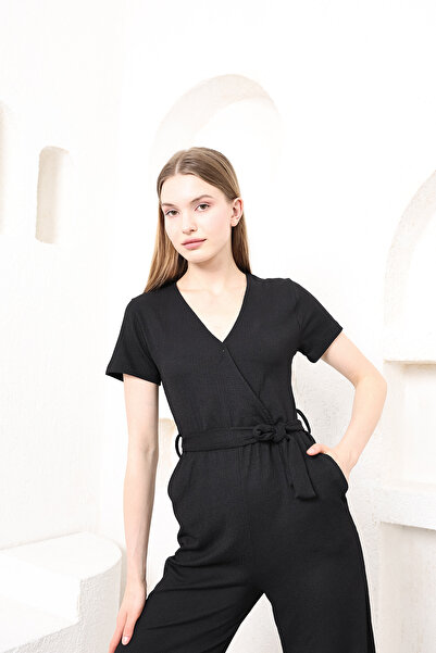 İKLİM LİFE Women's Double-breasted Collar Belted Jumpsuit