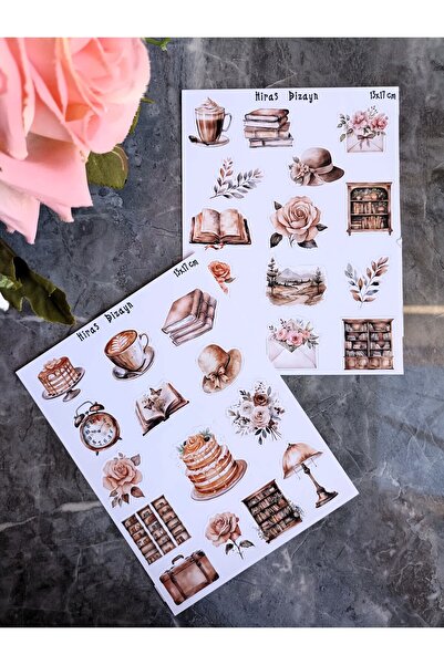 Hiras Dizayn Vintage Retro Eşyalar Elementler Kitap kahve Sticker Seti Bullet...