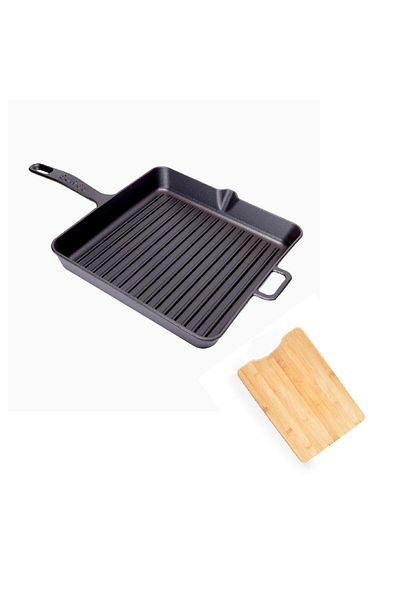 Sürel Demirdöküm Square Grill Pan 30 CM Black with Bamboo Cutting Board