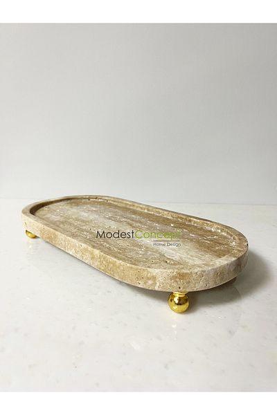 Modestmar صينية رخامية من الترافرتين الطبيعي بيضاوية، منظم للحمام، طبق تقديم بيضاوي بأرجل كروية VC